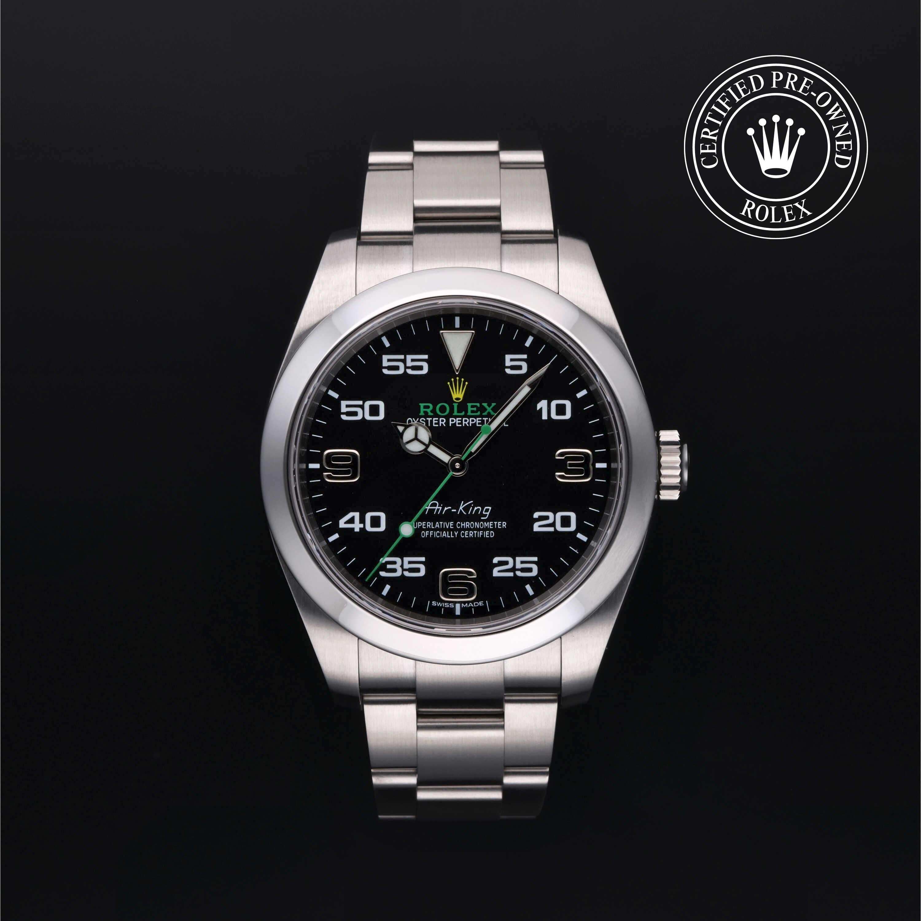 Rolex Certified Pre-owned Air-King M116900-0001 front on black background
