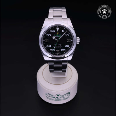 Rolex Certified Pre-owned Air-King M116900-0001 front on black background