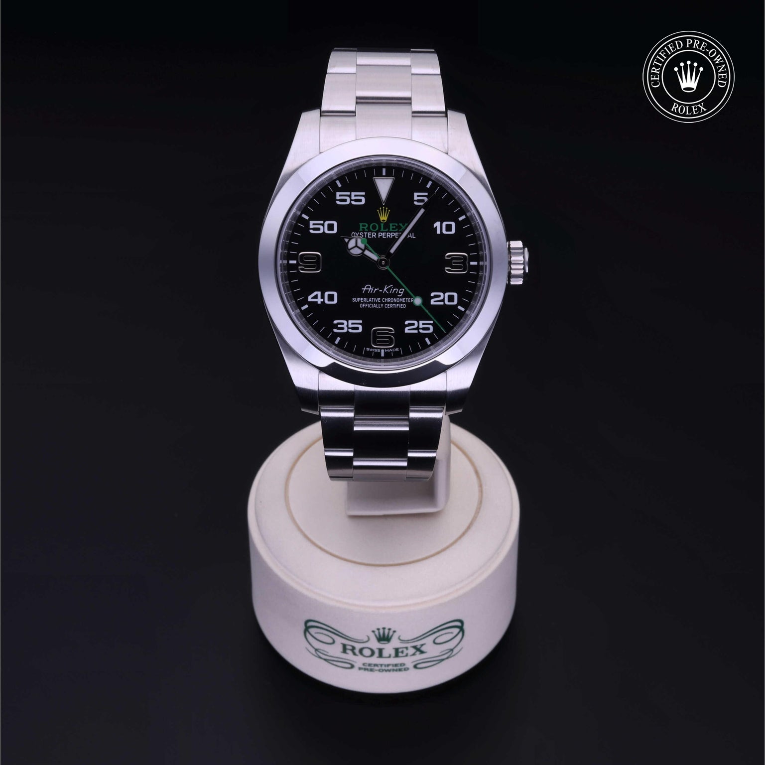 Rolex Certified Pre-owned Air-King M116900-0001 front on black background