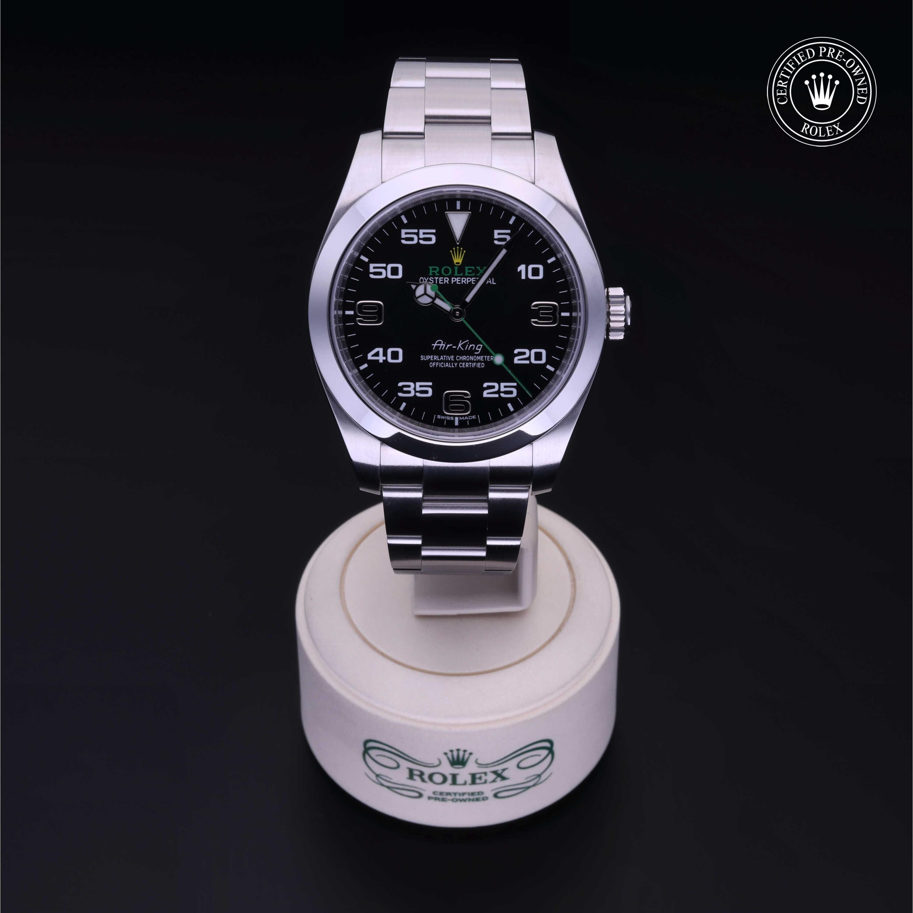 Rolex Certified Pre-owned Air-King M116900-0001 front on black background