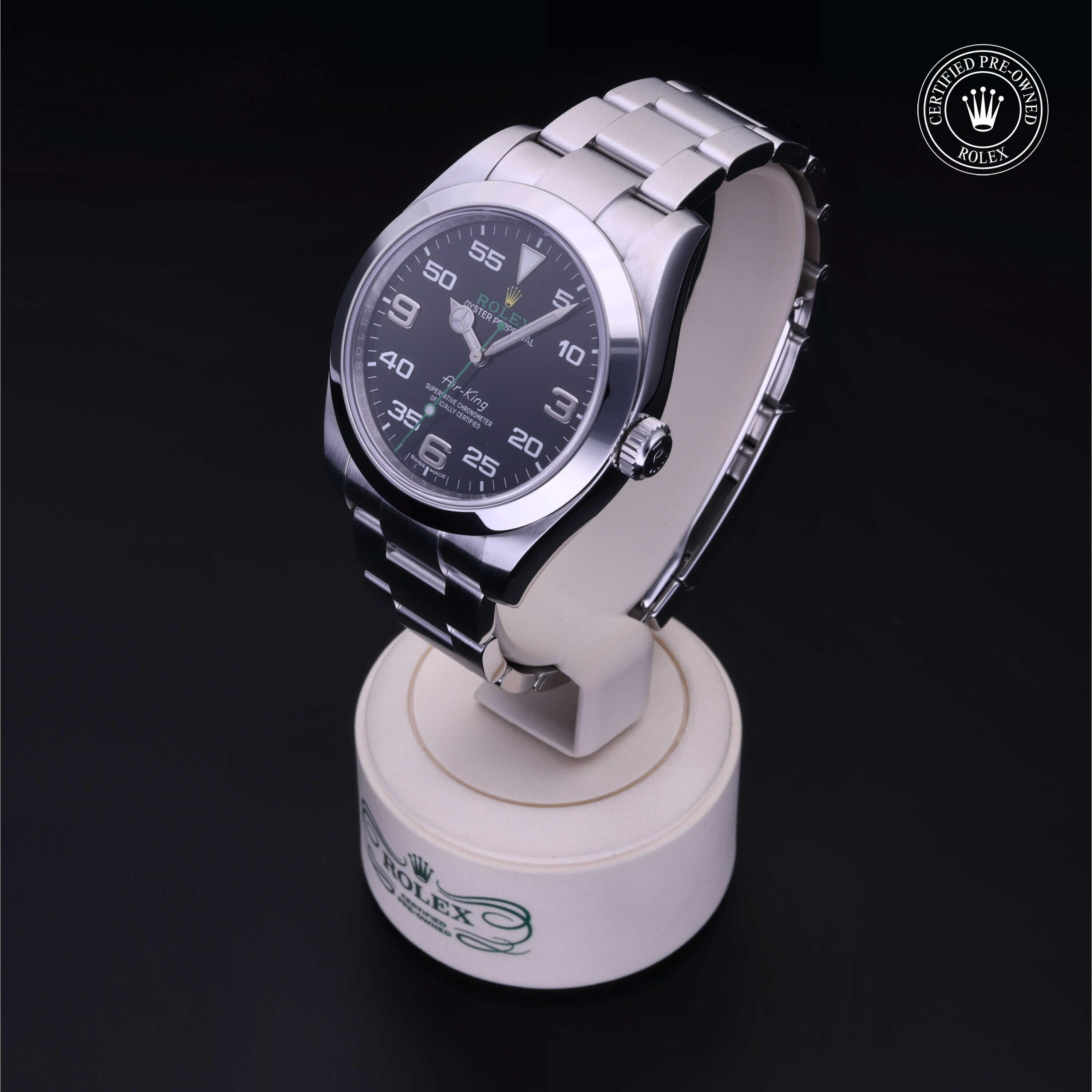 Rolex Certified Pre-owned Air-King M116900-0001 front on black background
