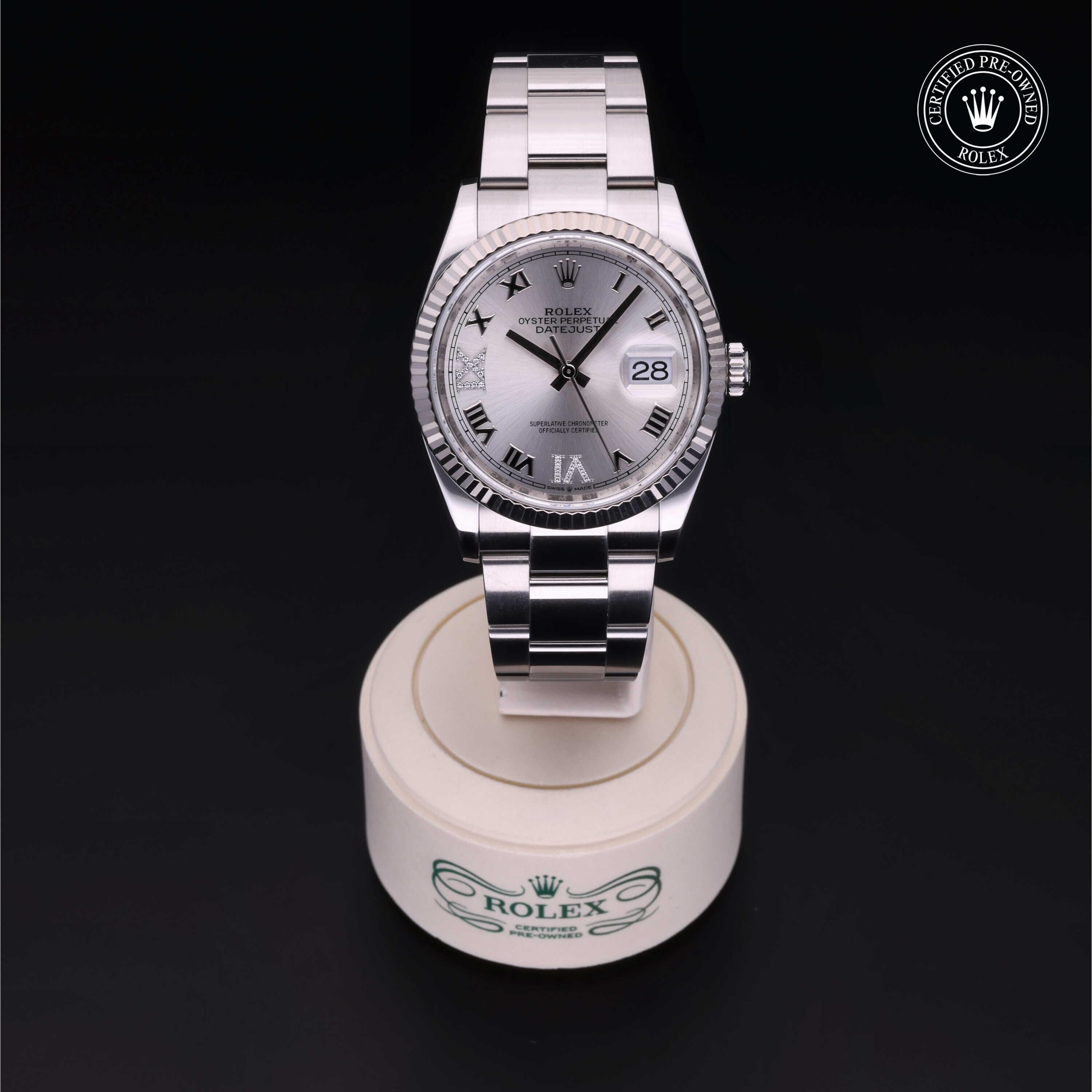 Rolex Certified Pre-owned Datejust M126234-0030 front on black background