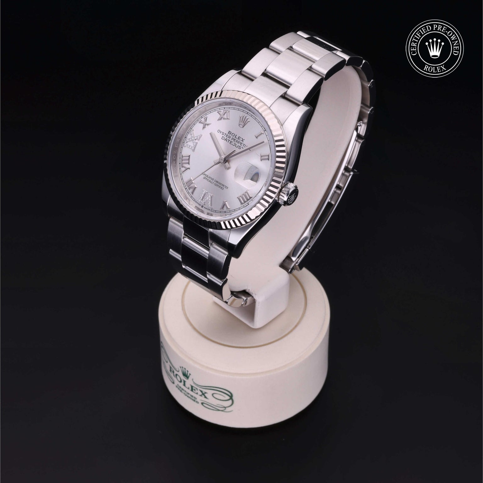 Rolex Certified Pre-owned Datejust M126234-0030 front on black background