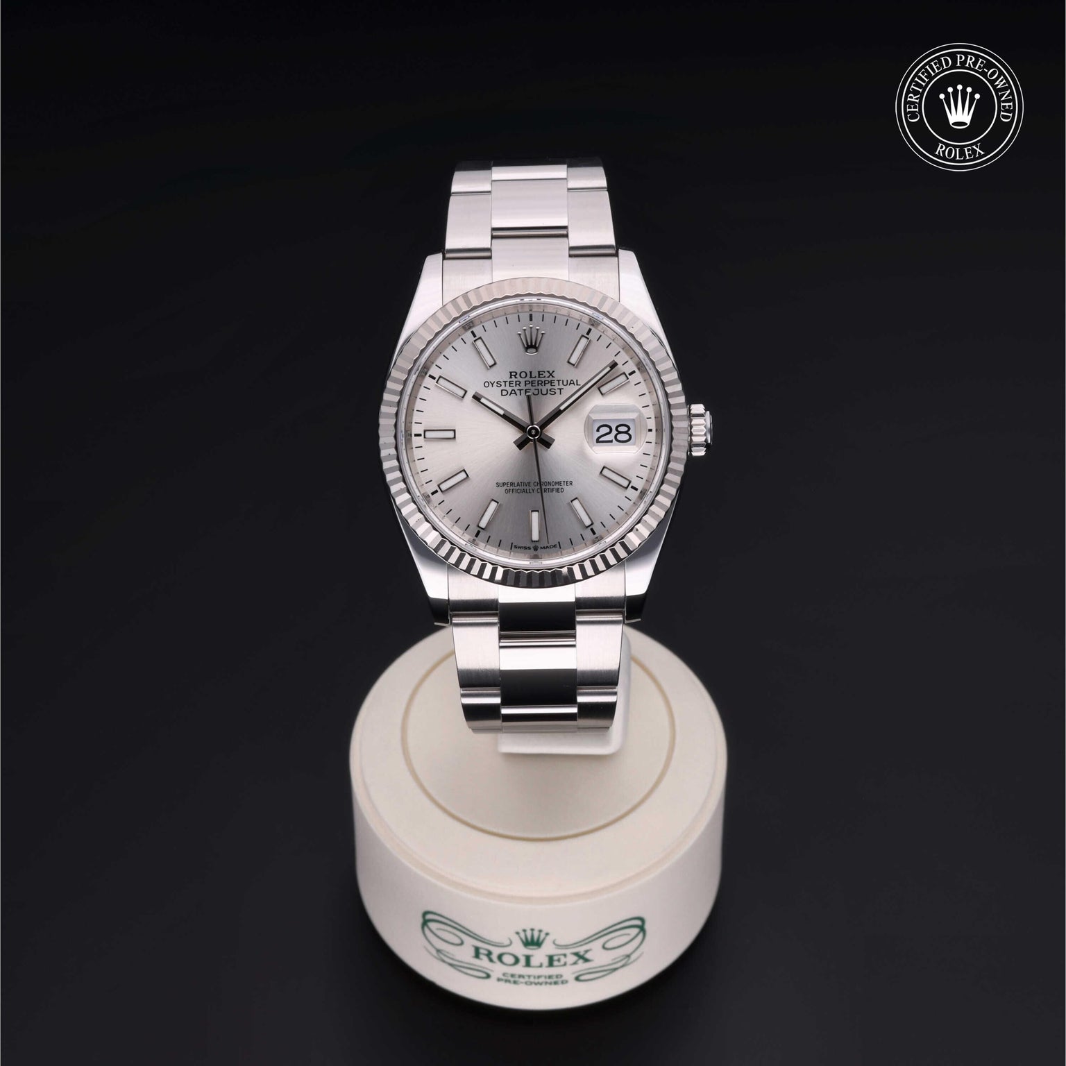Rolex Certified Pre-owned Datejust M126234-0014 front on black background
