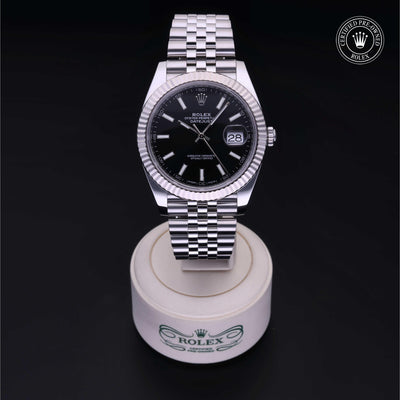 Rolex Certified Pre-owned Datejust M126334-0018 front on black background