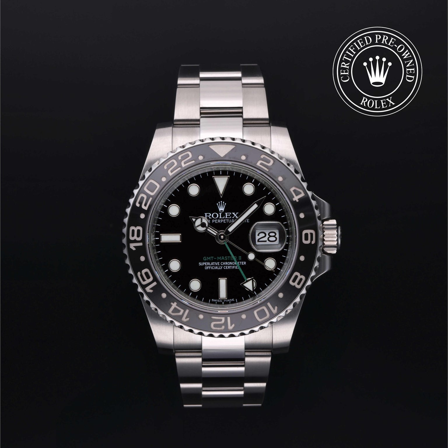 Rolex Certified Pre-owned GMT M116710LN-0001 front on black background