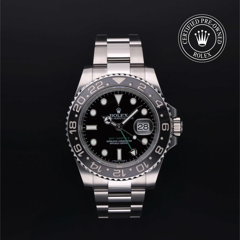 Rolex Certified Pre-owned GMT M116710LN-0001 front on black background