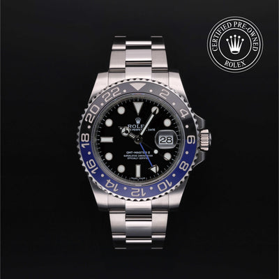 Rolex Certified Pre-owned GMT M116710BLNR-0002 front on black background
