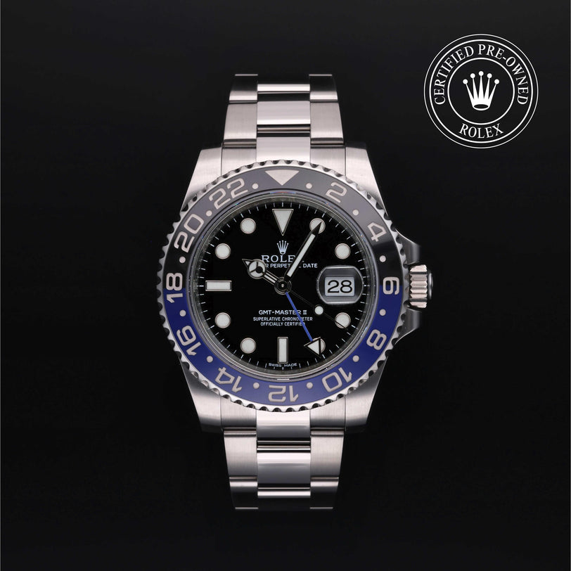 Rolex Certified Pre-owned GMT M116710BLNR-0002 front on black background