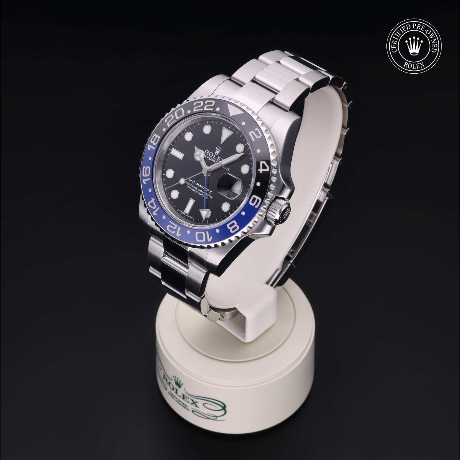 Rolex Certified Pre-owned GMT M116710BLNR-0002 front on black background