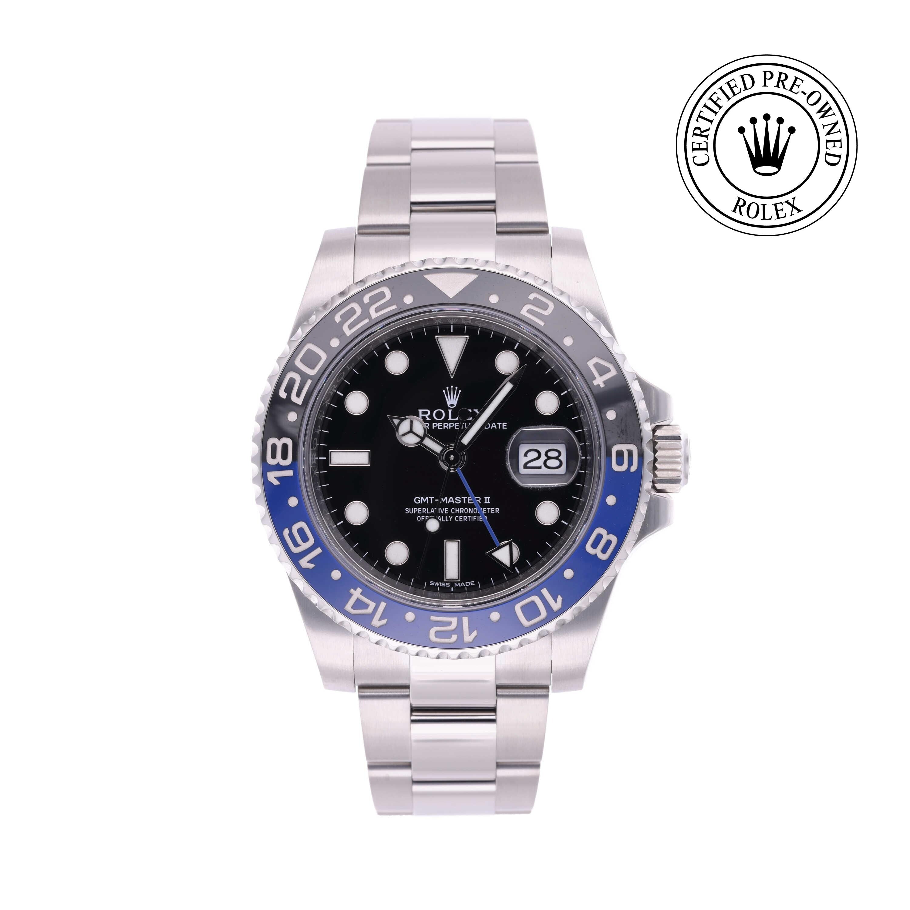 Rolex Certified Pre-owned GMT M116710BLNR-0002 front on white background