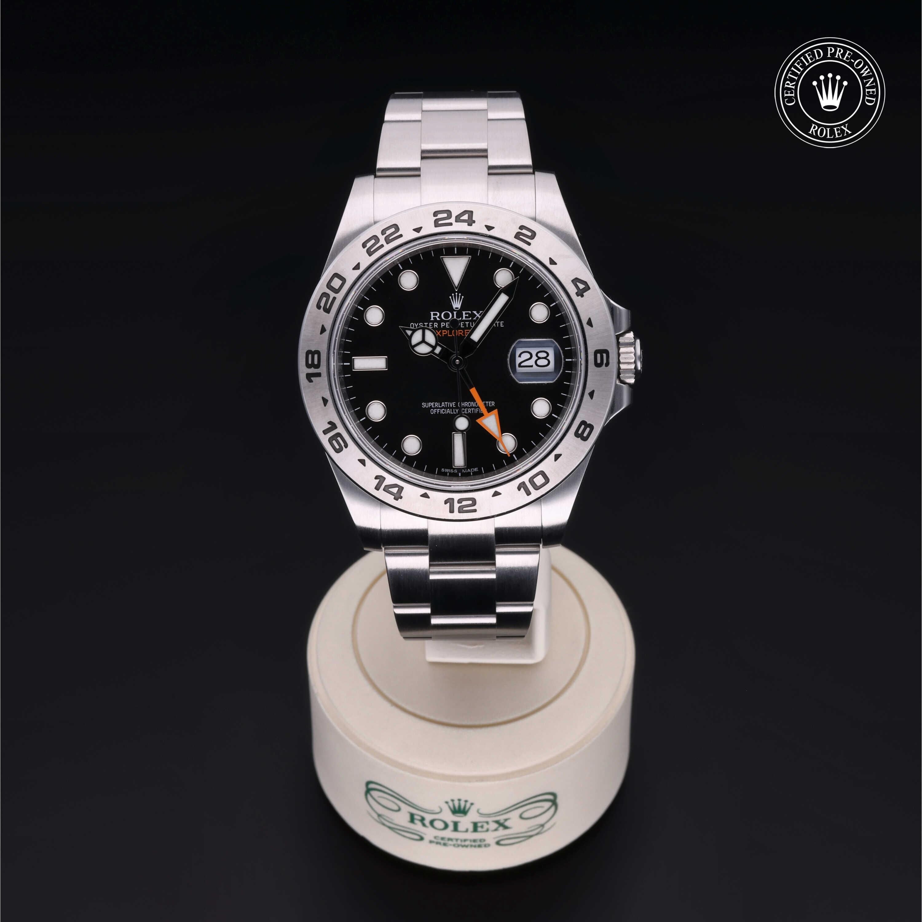 Rolex Certified Pre-owned Explorer M216570-0002 front on black background