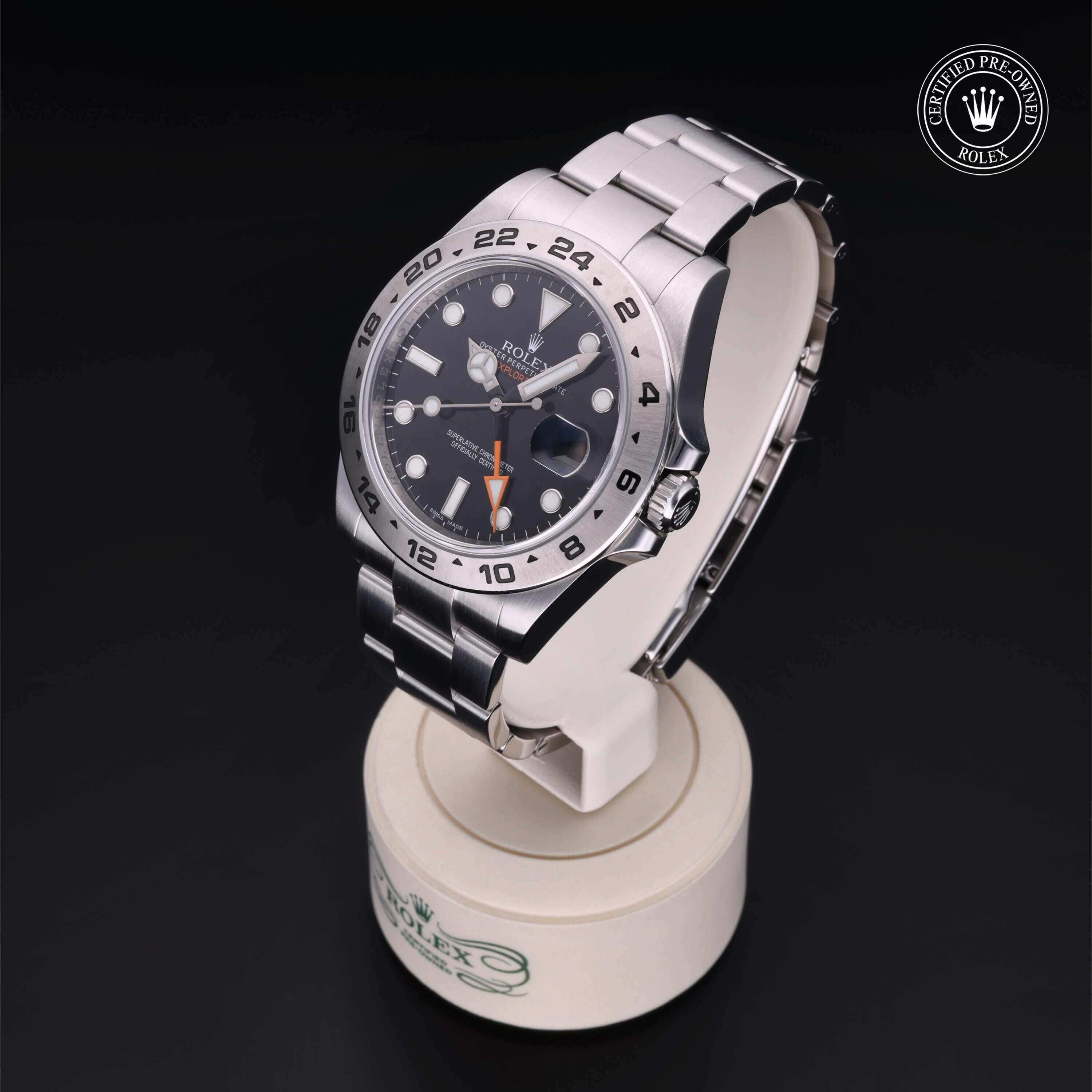 Rolex Certified Pre-owned Explorer M216570-0002 front on black background