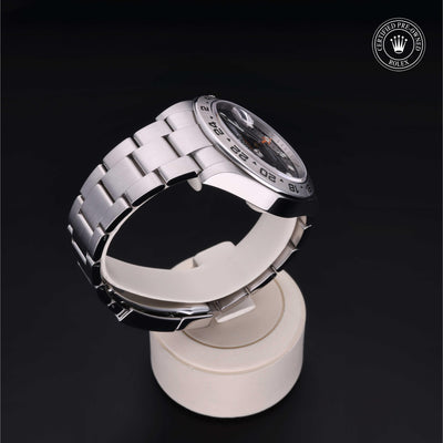 Rolex Certified Pre-owned Explorer M216570-0002 front on black background