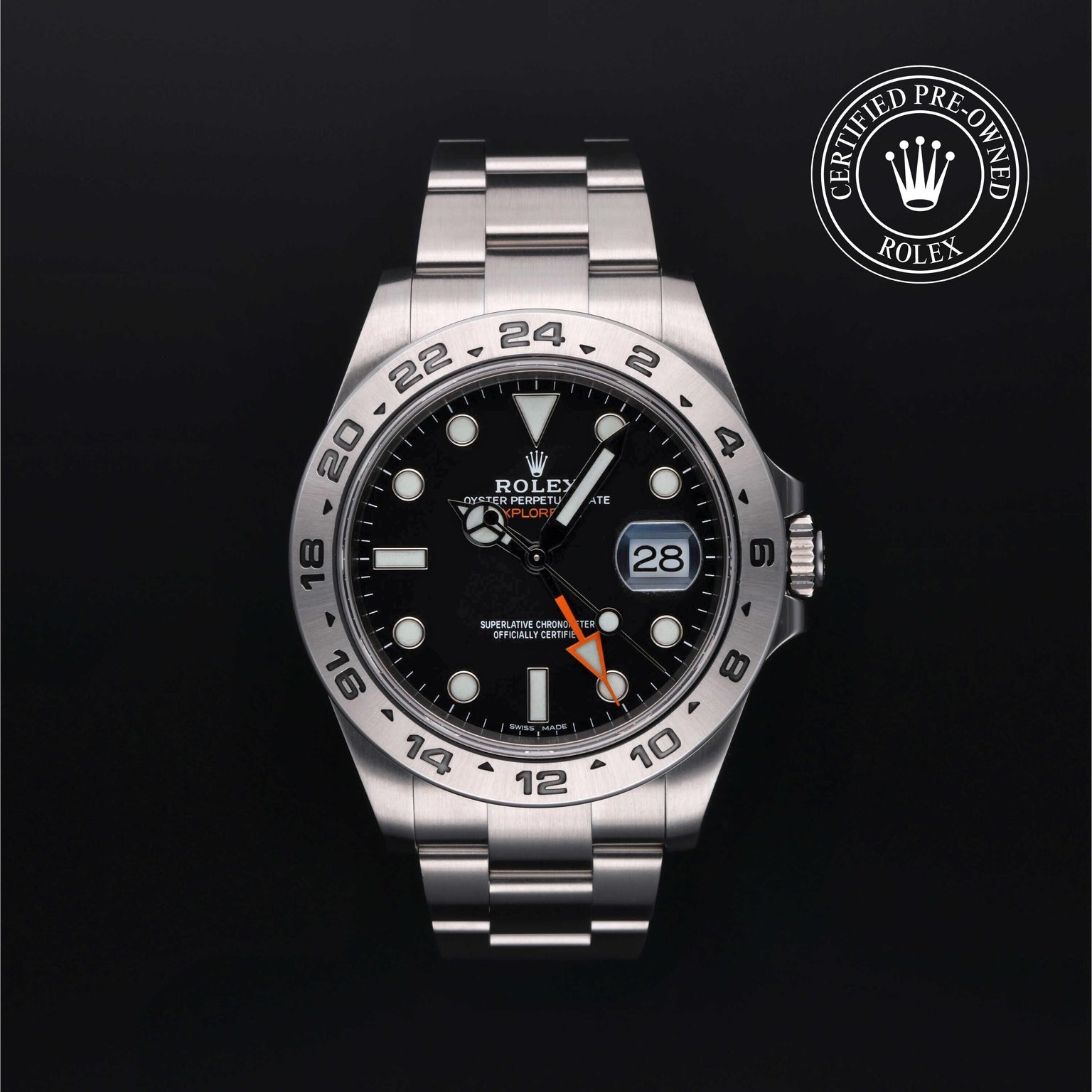 Rolex Certified Pre-owned Explorer M216570-0002 front on black background