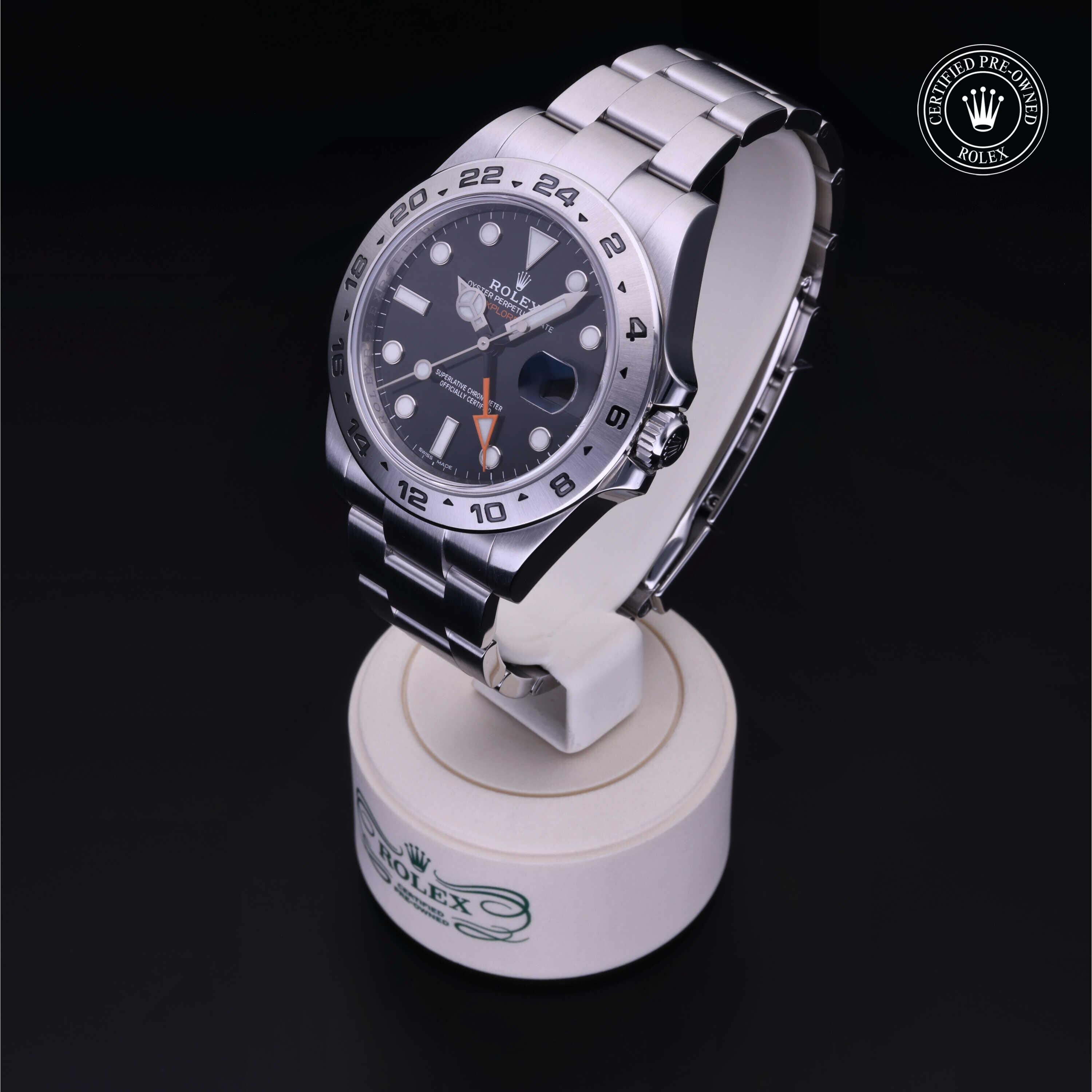 Rolex Certified Pre-owned Explorer M216570-0002 front on black background