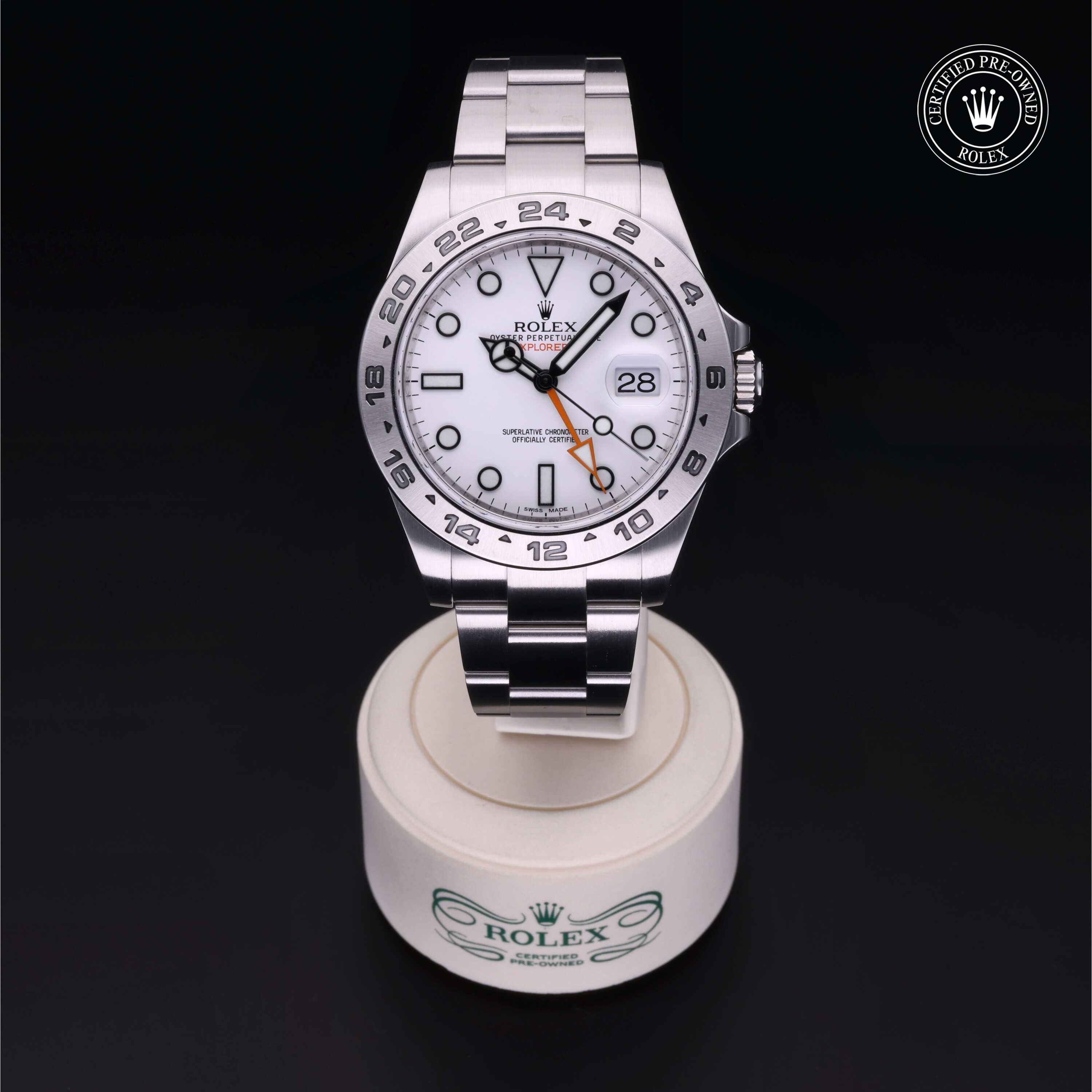Rolex Certified Pre-owned Explorer M216570-0001 front on black background