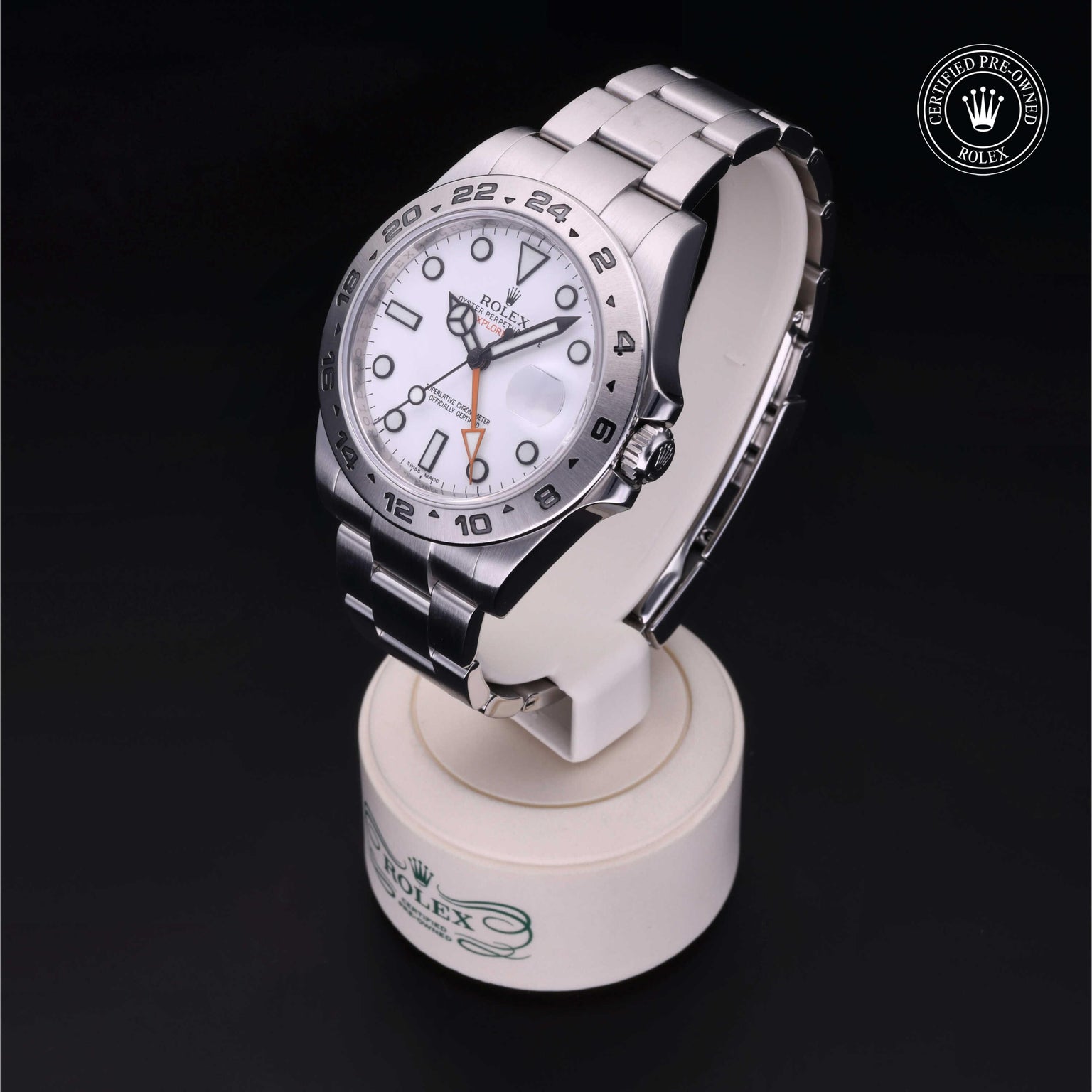 Rolex Certified Pre-owned Explorer M216570-0001 front on black background