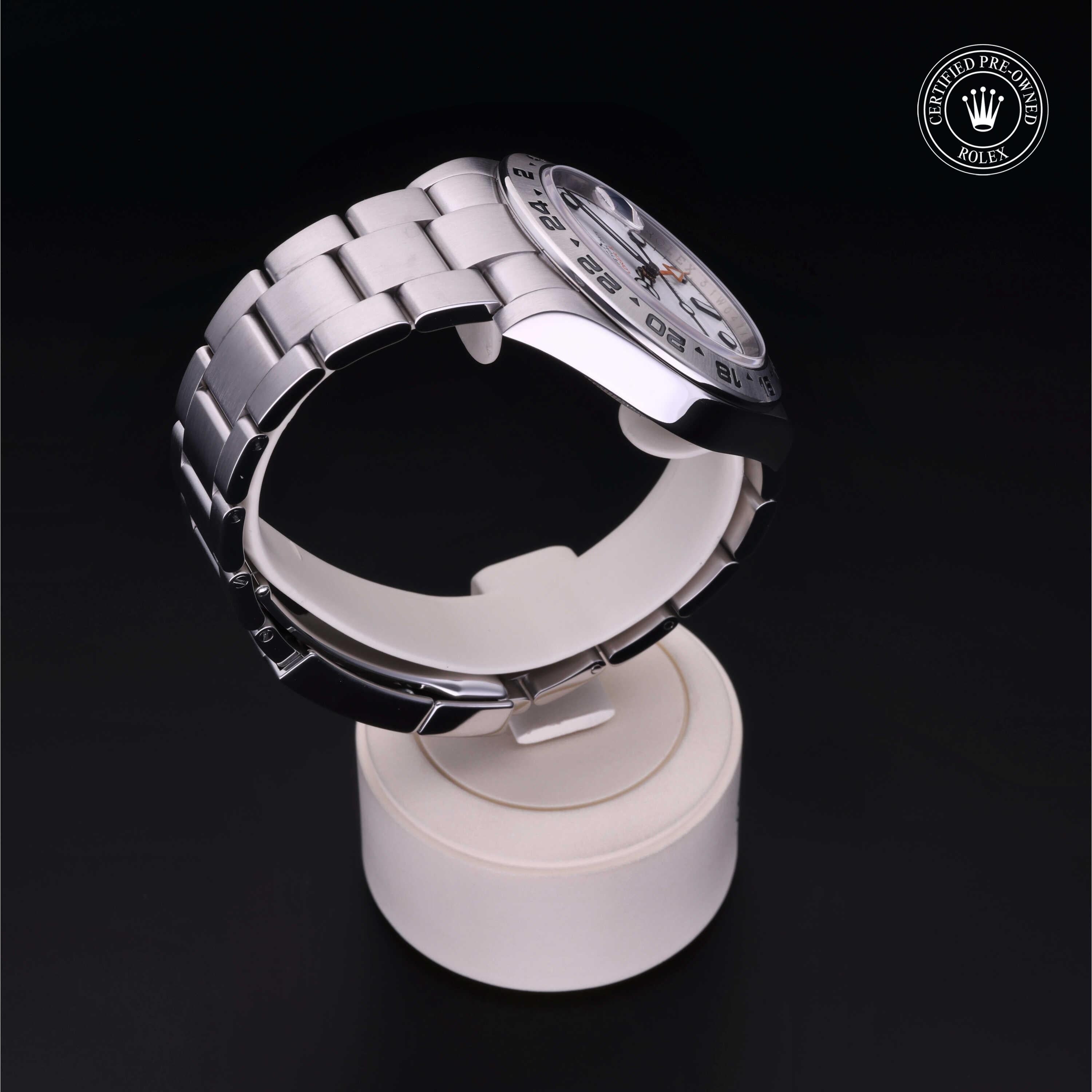 Rolex Certified Pre-owned Explorer M216570-0001 front on black background