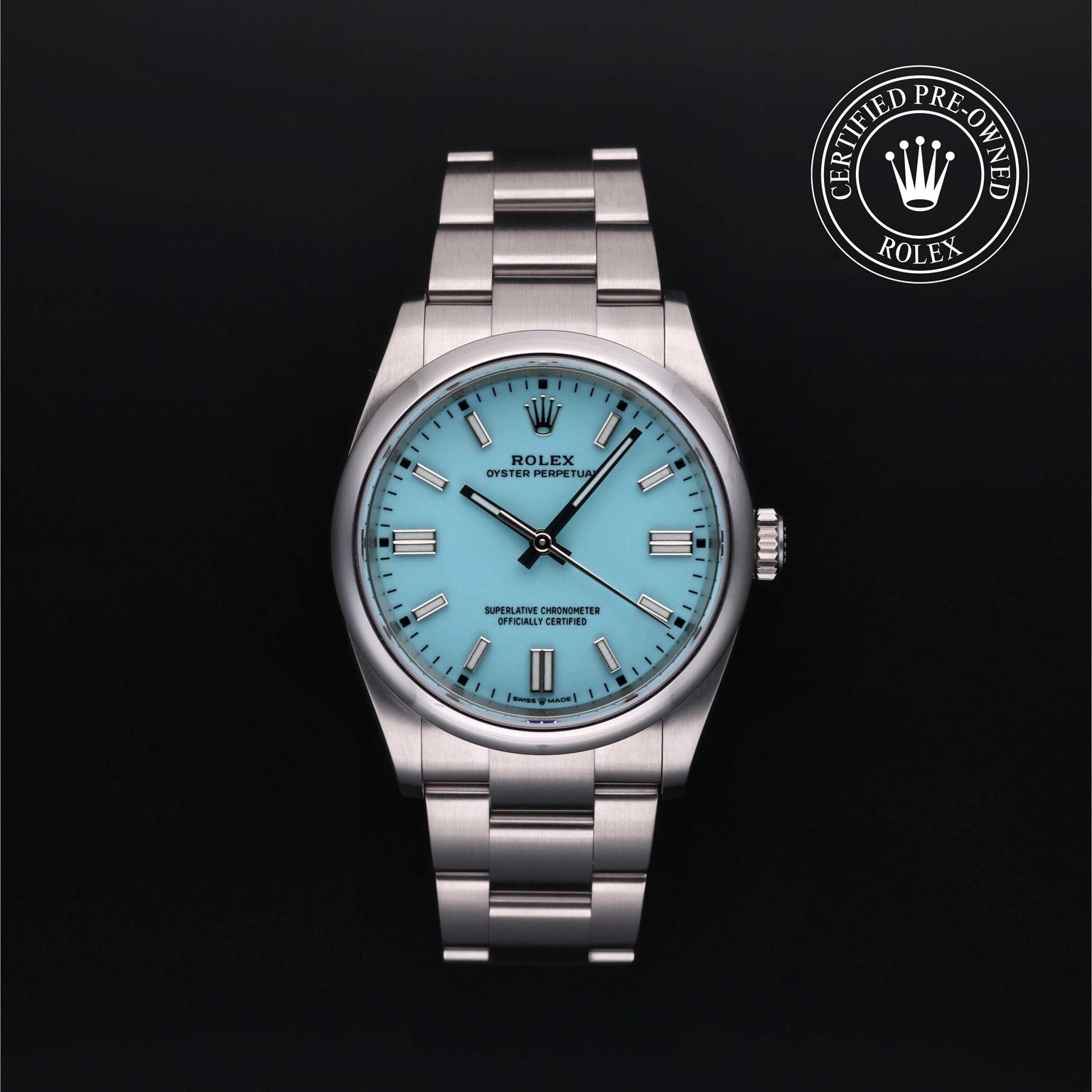 Rolex Certified Pre-owned Oyster Perpetual M126000-0006 front on black background