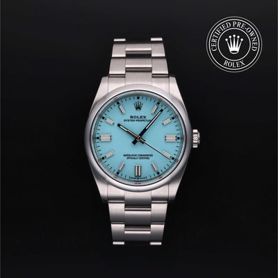 Rolex Certified Pre-owned Oyster Perpetual M126000-0006 front on black background