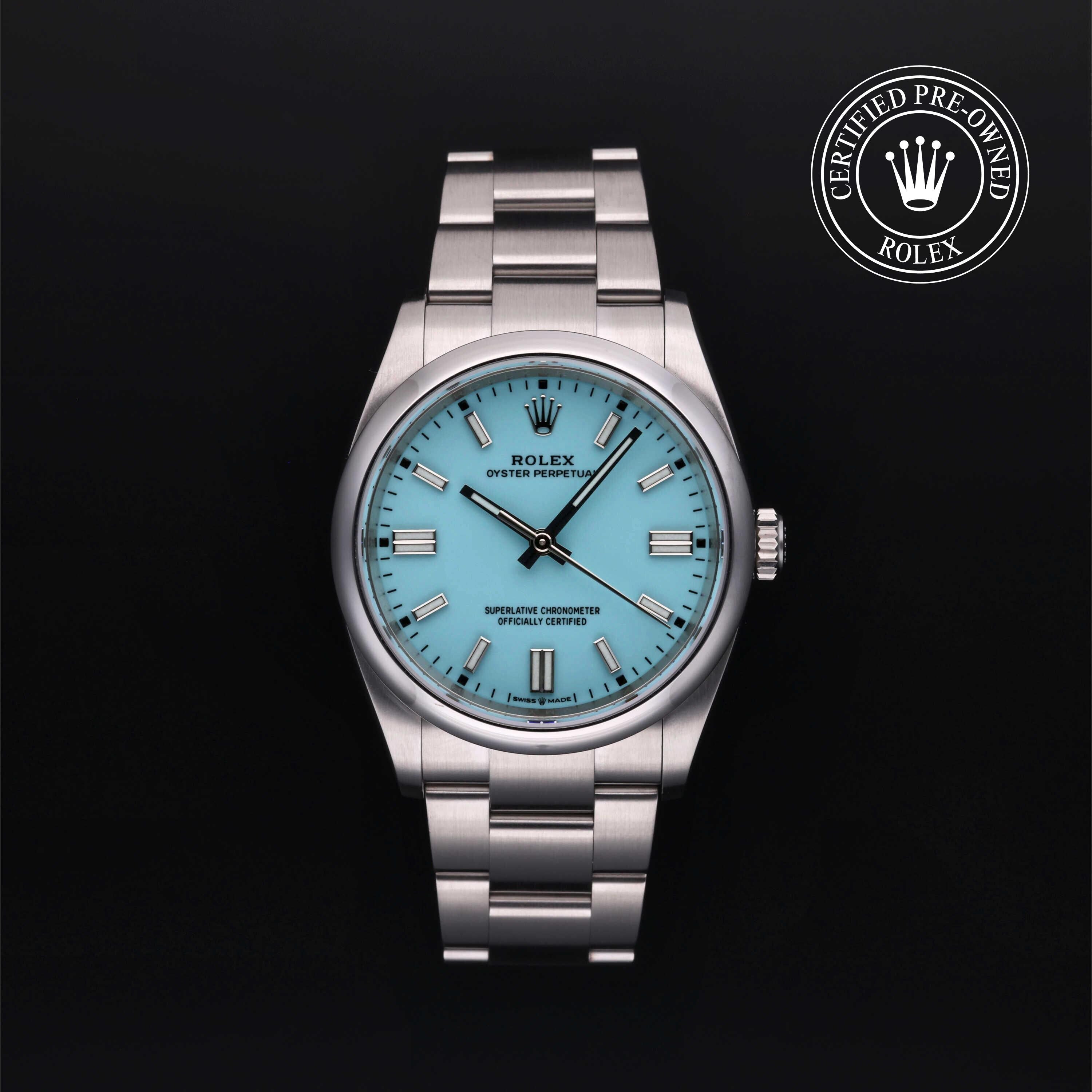 Rolex Certified Pre-owned Oyster Perpetual M126000-0006 front on black background