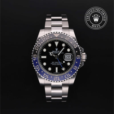 Rolex Certified Pre-owned GMT M116710BLNR-0002 front on black background