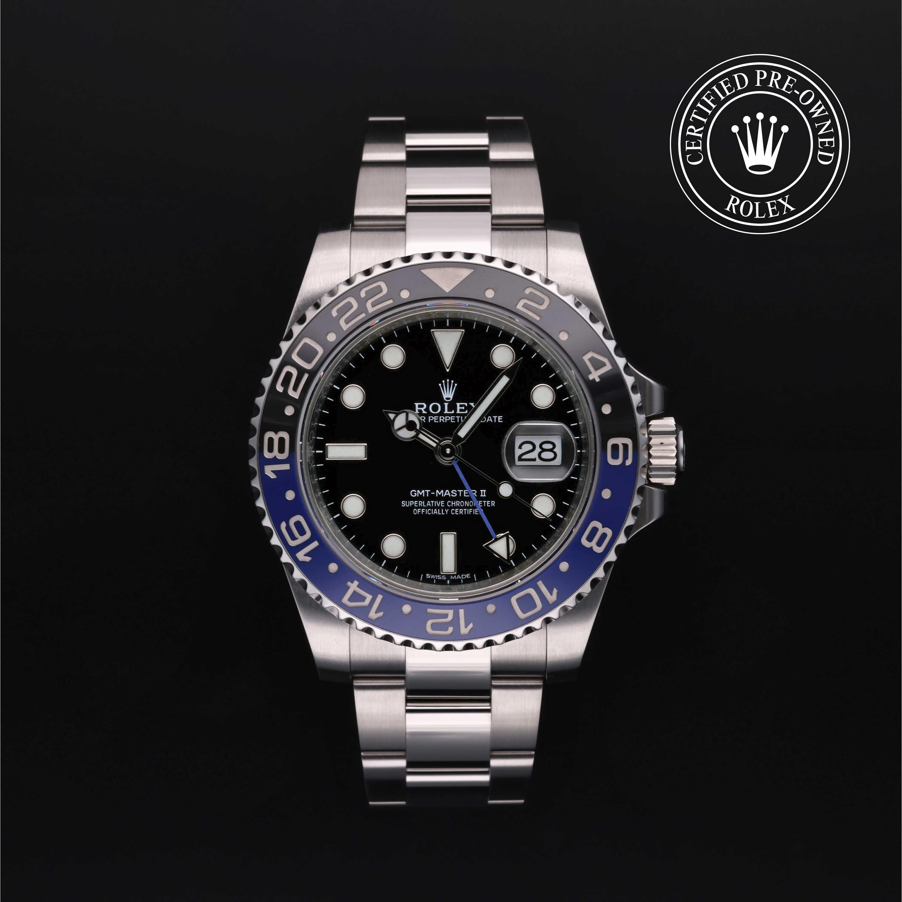 Rolex Certified Pre-owned GMT M116710BLNR-0002 front on black background