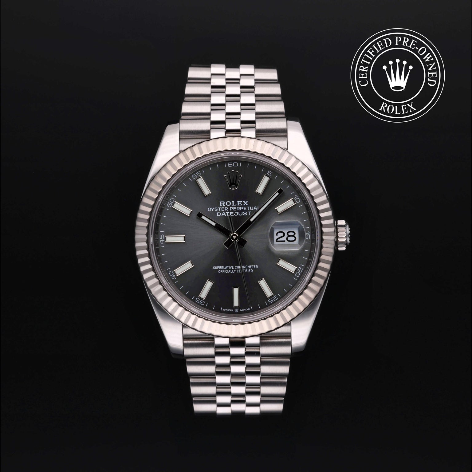 Rolex Certified Pre-owned Datejust M126334-0014 front on black background