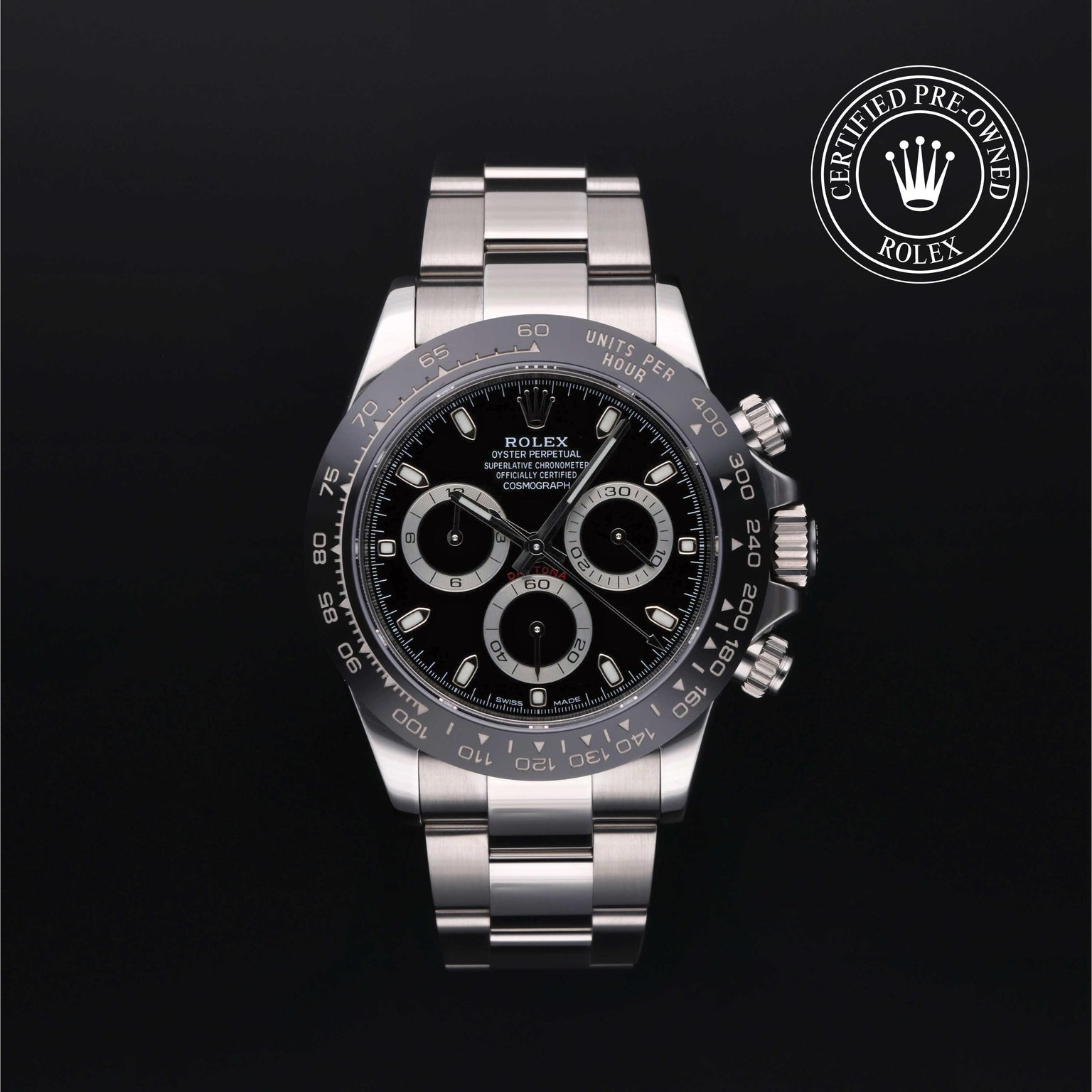 Rolex Certified Pre-owned Daytona M116500LN-0002 front on black background