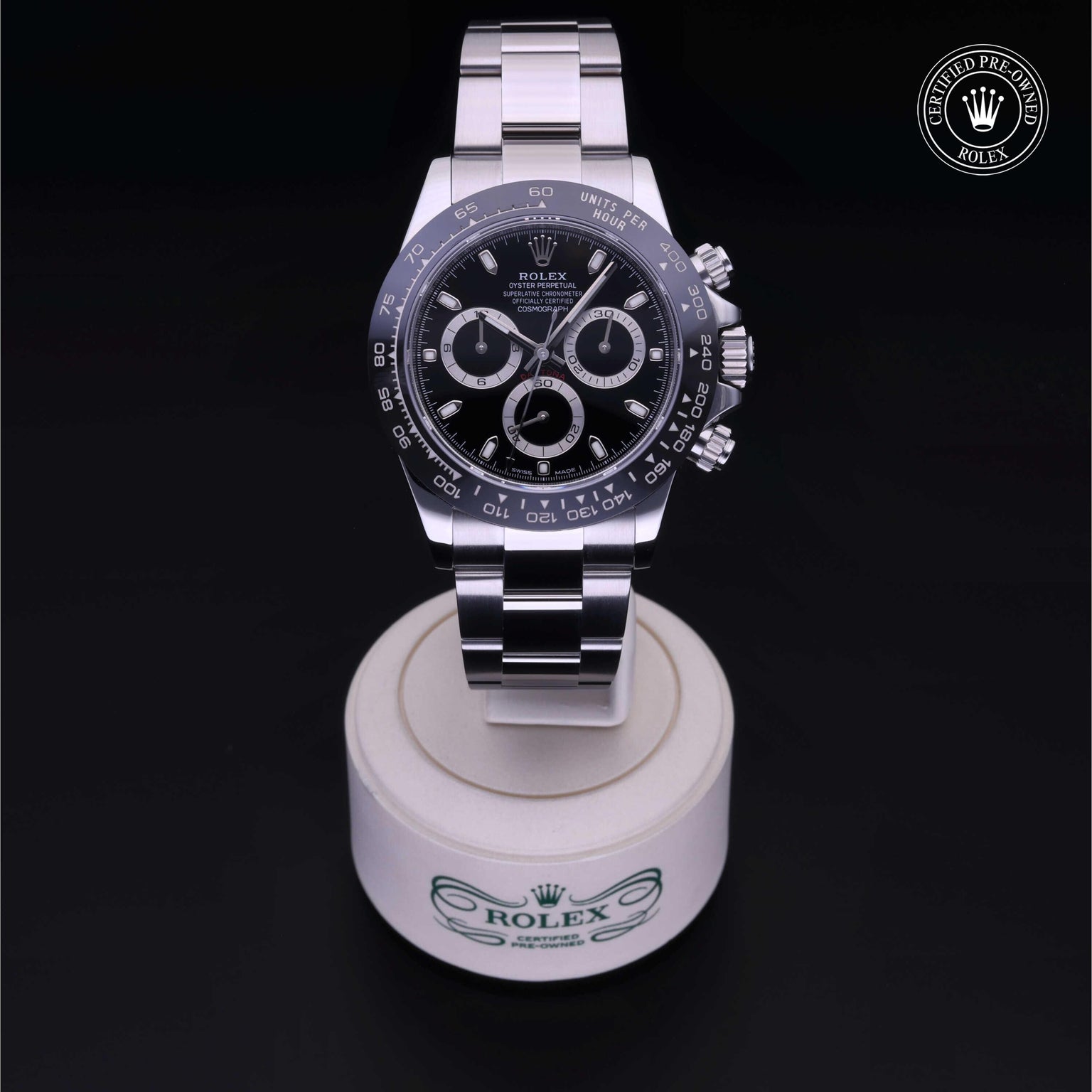 Rolex Certified Pre-owned Daytona M116500LN-0002 front on black background