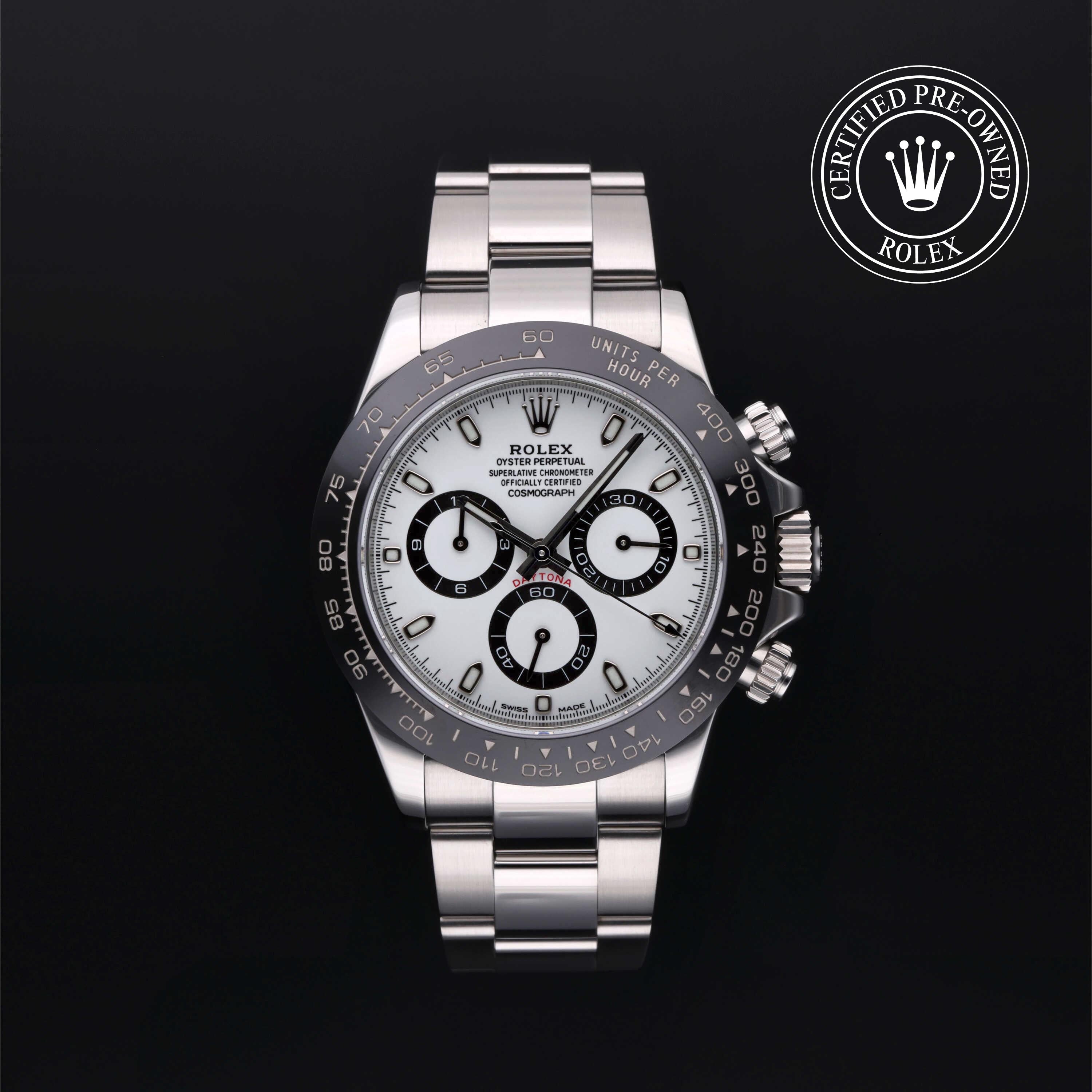 Rolex Certified Pre-owned Daytona M116500LN-0001 front on black background