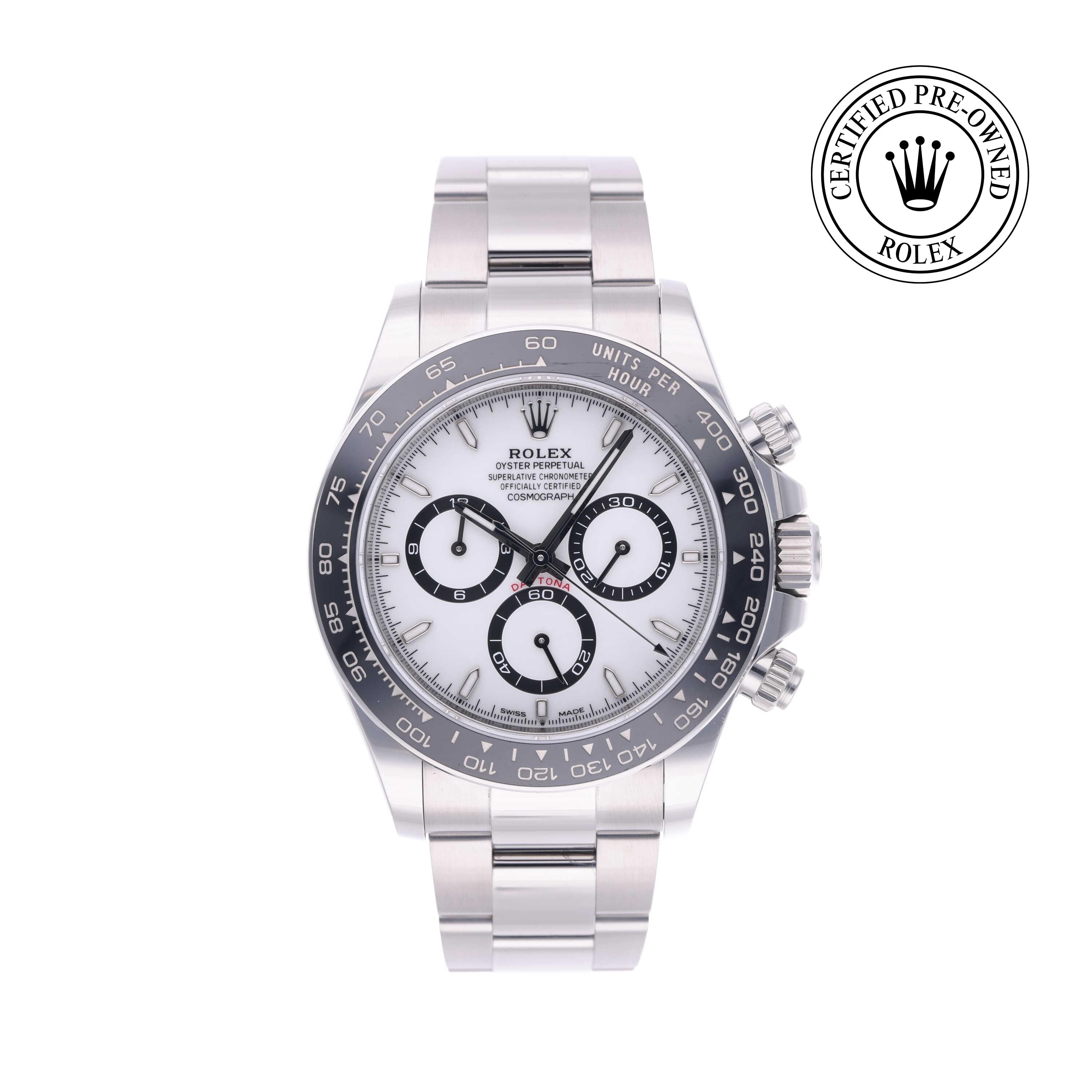 Rolex Certified Pre-owned Daytona M126500LN-0001 front on white background