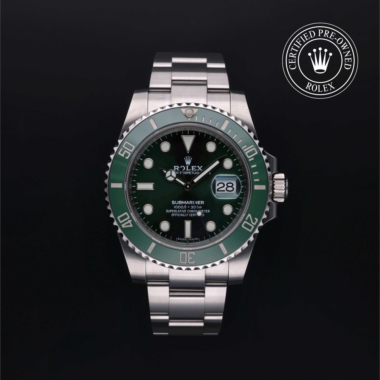Rolex Certified Pre-owned Submariner M116610LV-0002 front on black background