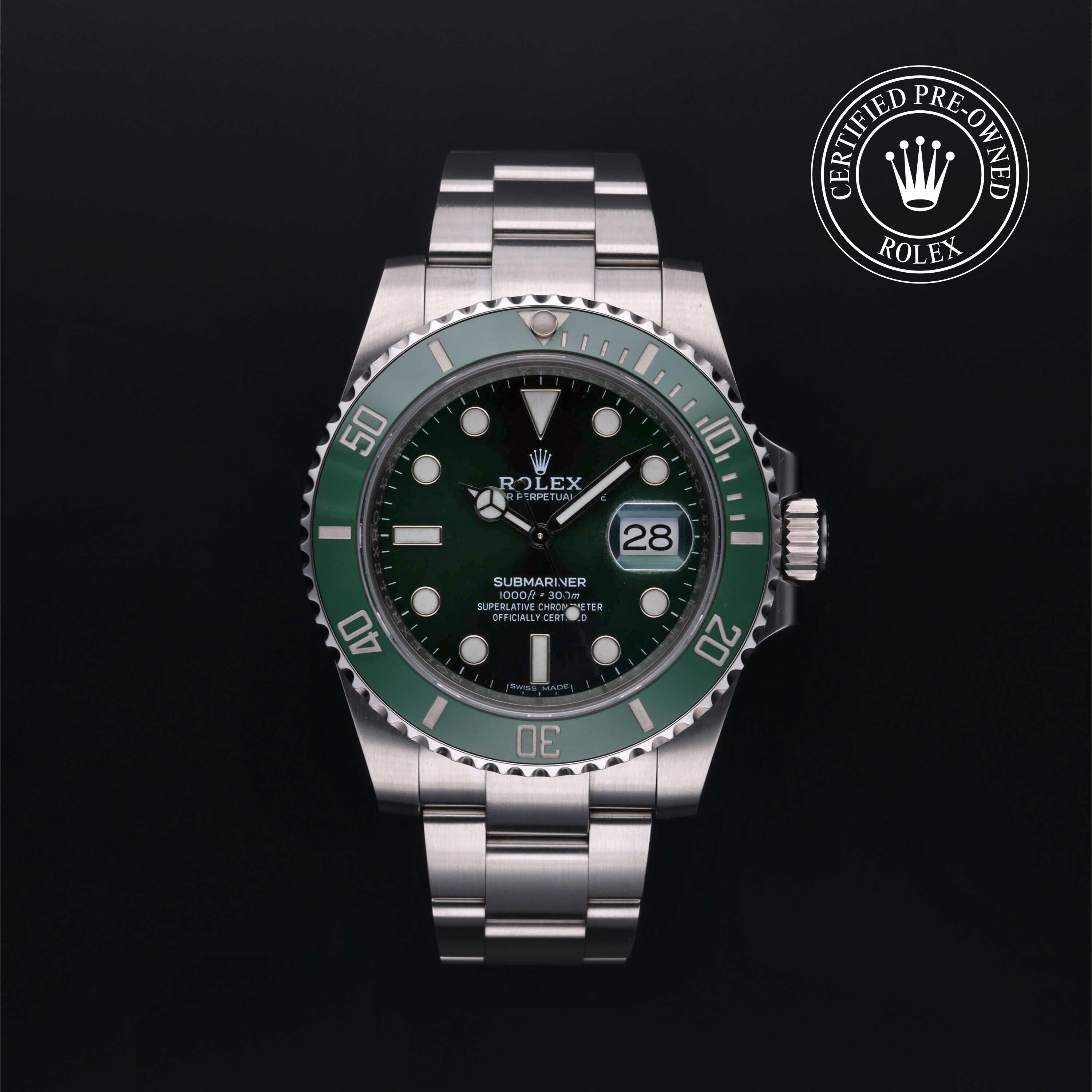 Rolex Certified Pre-owned Submariner M116610LV-0002 front on black background