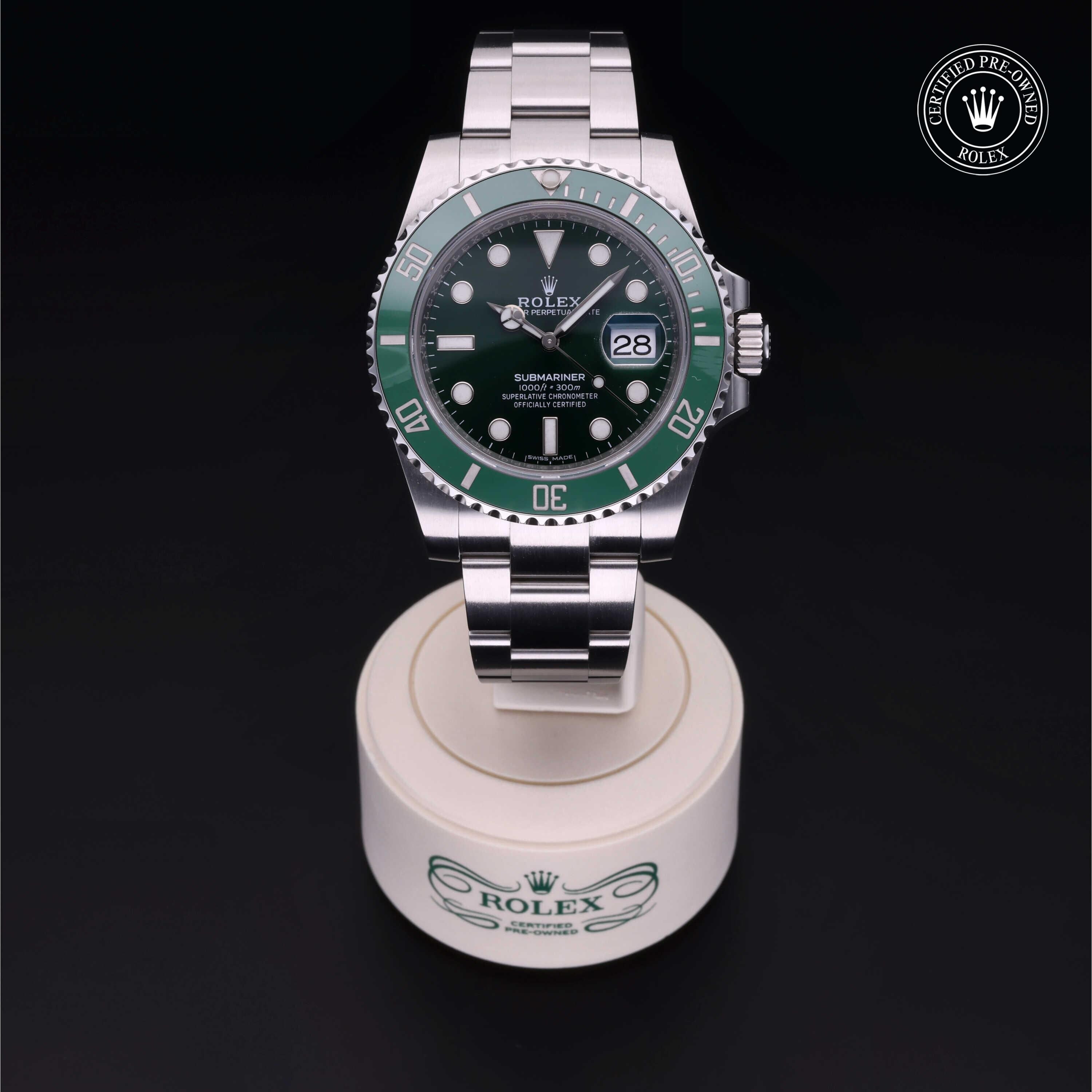 Rolex Certified Pre-owned Submariner M116610LV-0002 front on black background