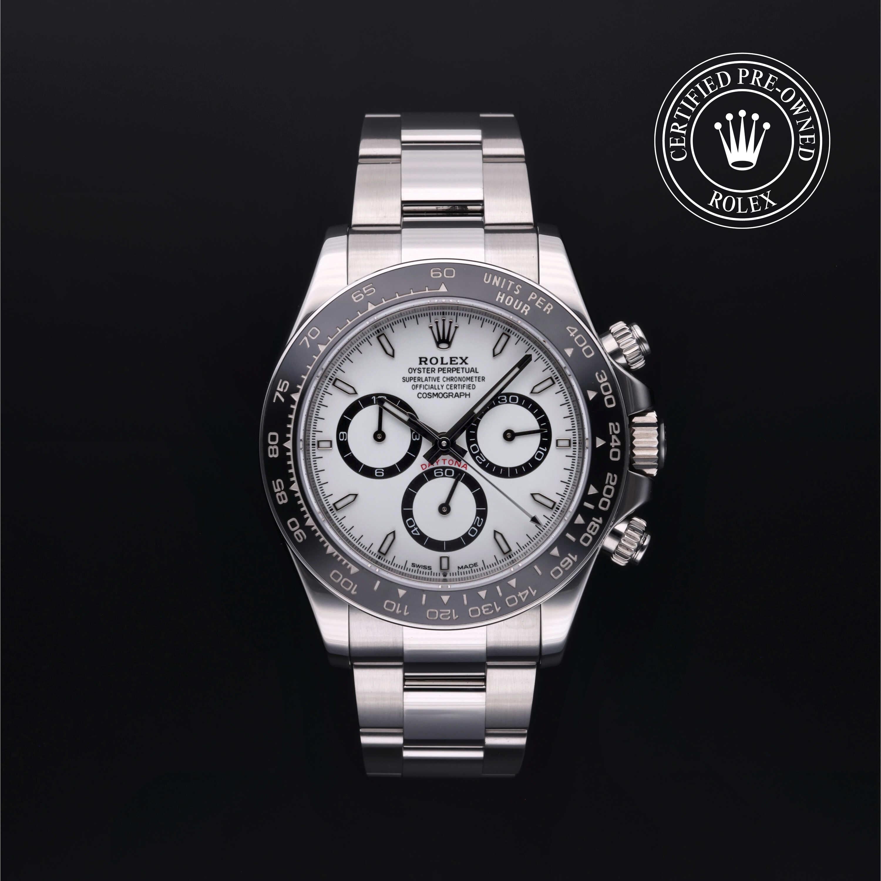 Rolex Certified Pre-owned Daytona M126500LN-0001 front on black background