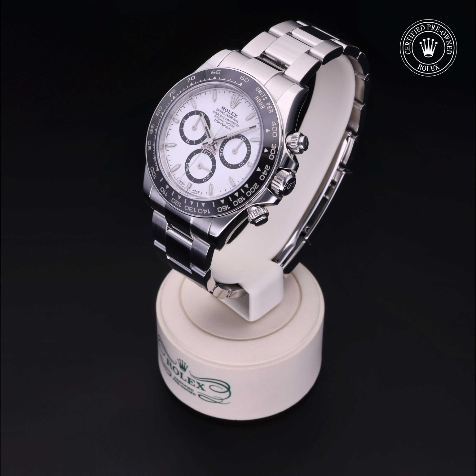 Rolex Certified Pre-owned Daytona M126500LN-0001 front on black background
