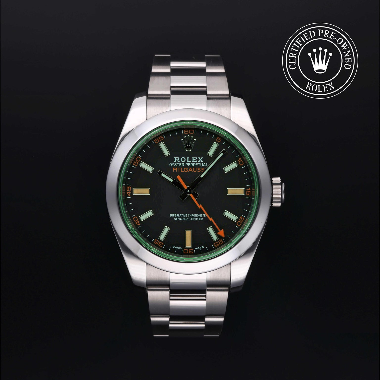 Rolex Certified Pre-owned Milgauss M116400GV-0001 front on black background