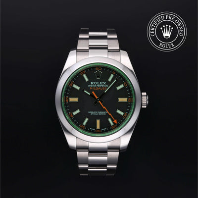 Rolex Certified Pre-owned Milgauss M116400GV-0001 front on black background