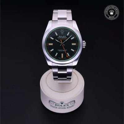 Rolex Certified Pre-owned Milgauss M116400GV-0001 front on black background