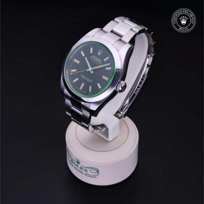 Rolex Certified Pre-owned Milgauss M116400GV-0001 front on black background