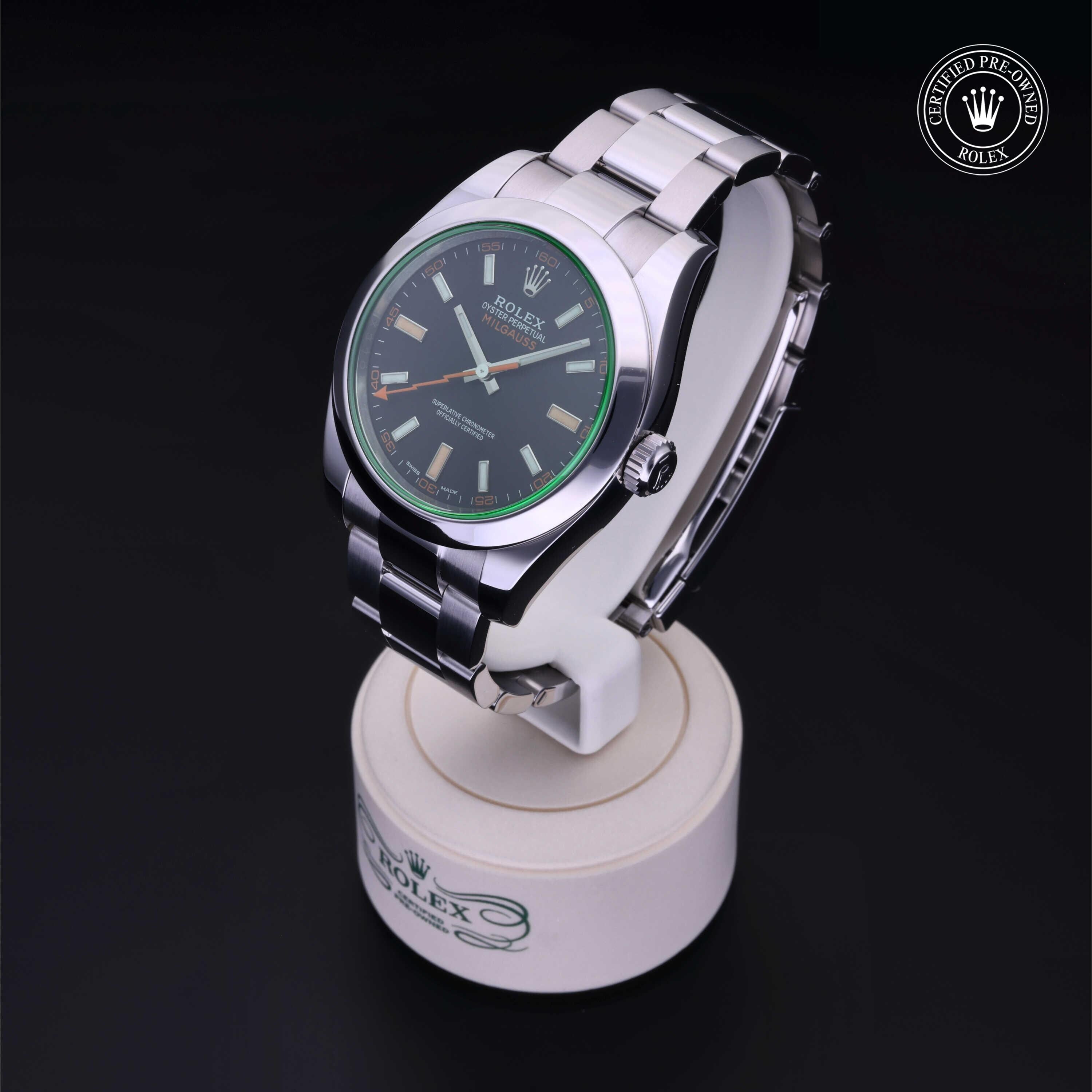 Rolex Certified Pre-owned Milgauss M116400GV-0001 front on black background