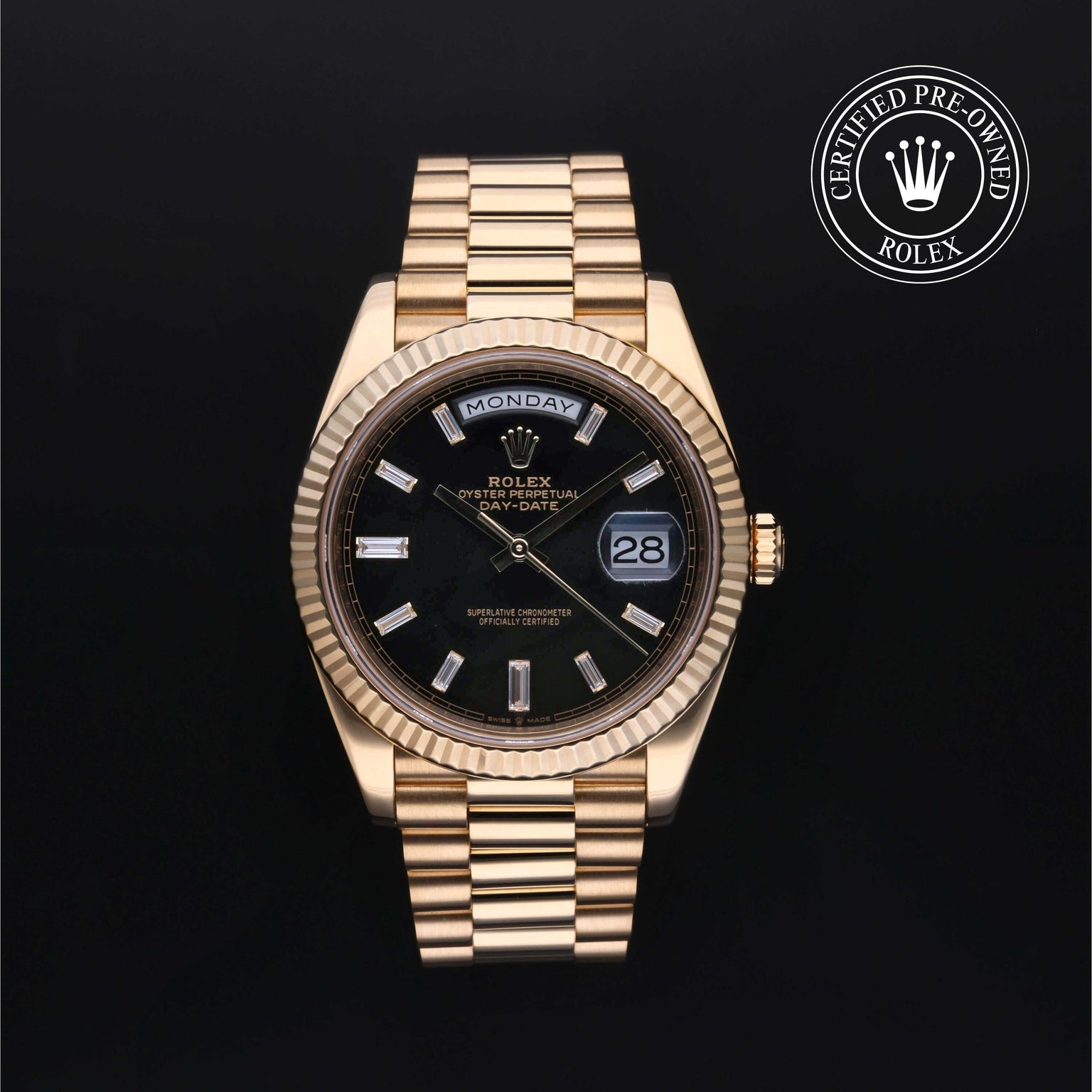 Rolex Certified Pre-owned Day-date M228238-0004 front on black background