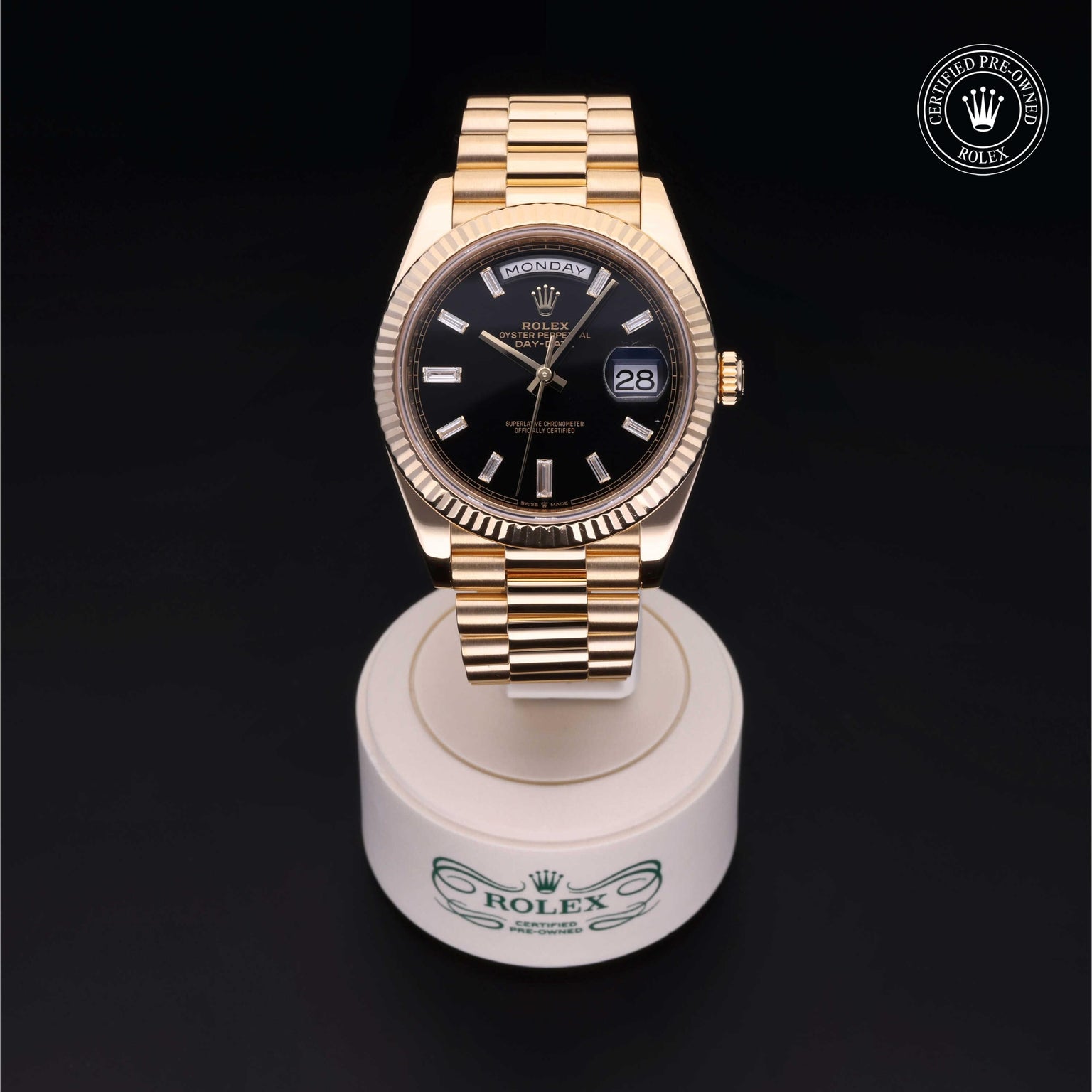 Rolex Certified Pre-owned Day-date M228238-0004 front on black background