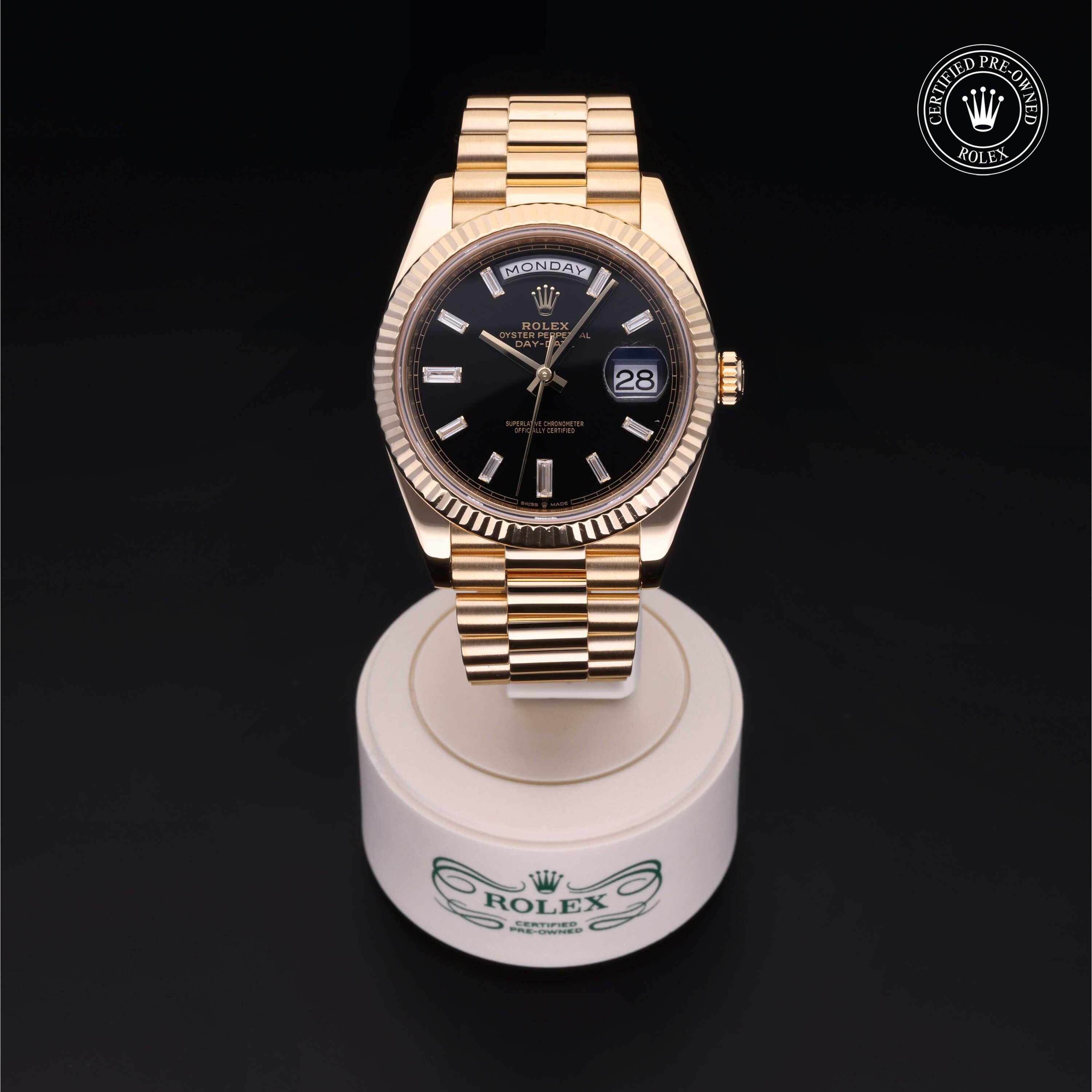 Rolex Certified Pre-owned Day-date M228238-0004 front on black background