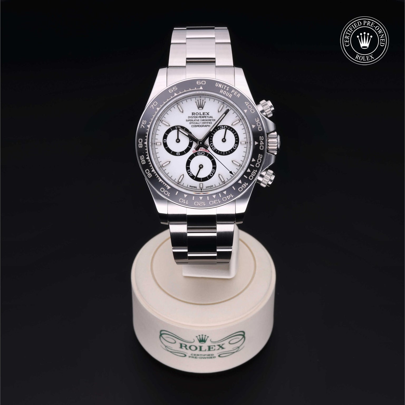Rolex Certified Pre-owned Daytona M126500LN-0001 front on black background