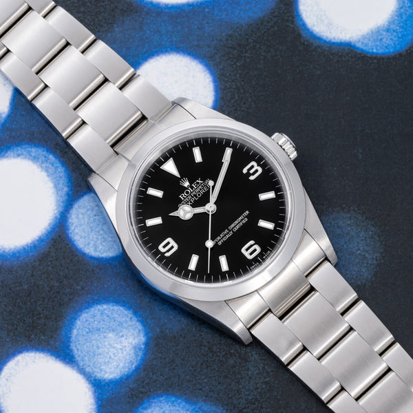 Rolex Certified Pre-owned Explorer M114270-0002 front on black background