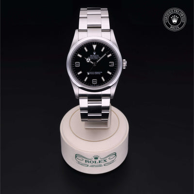 Rolex Certified Pre-owned Explorer M114270-0002 front on black background