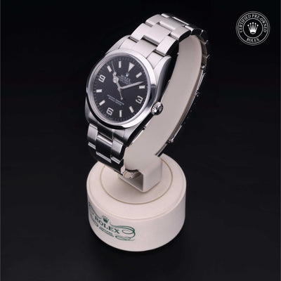 Rolex Certified Pre-owned Explorer M114270-0002 front on black background